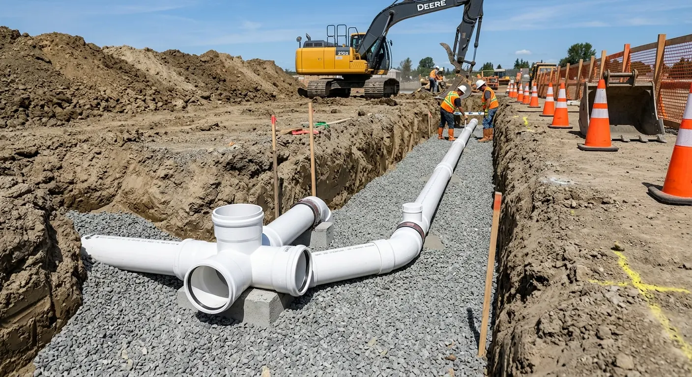 New PVC sewer pipe installation in open trench for Grease Trap Cleaning in Schroeppel