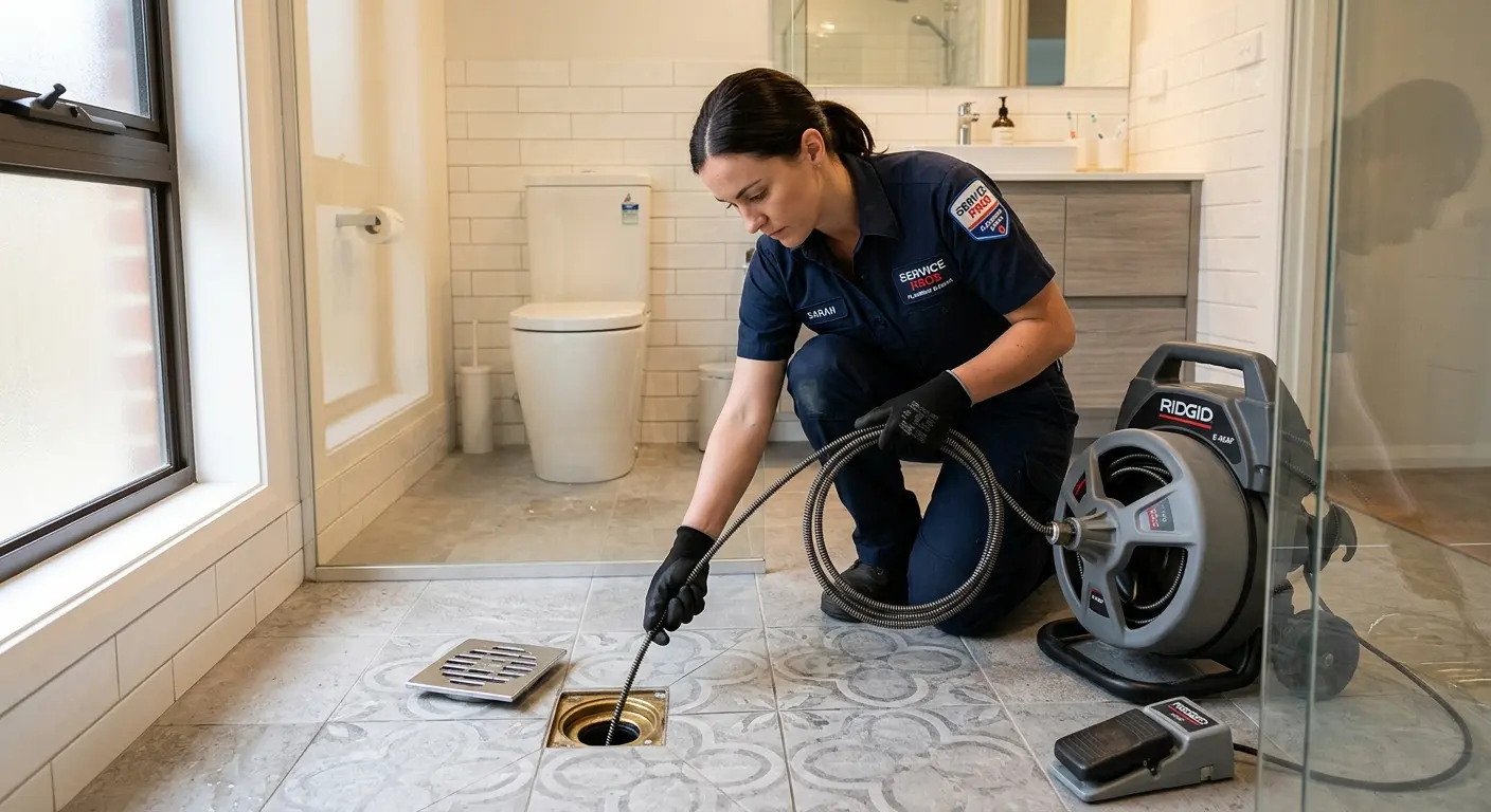 Technician clearing a bathroom floor drain for Drain Repair in Schroeppel